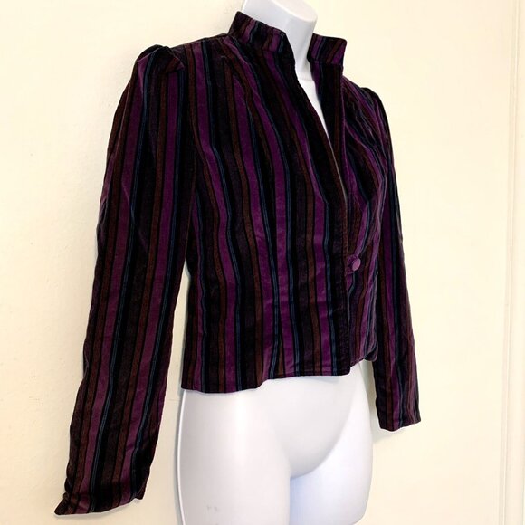 Striped Multicolor Purple Velvet Slim Jacket Balloon Sleeves By LAWRENCE 70s - Picture 3 of 5